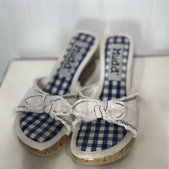 Y2K Mudd Gingham Wedge Sandals 7.5M Blue White Bow Cork Platform Coastal Cowgirl - Picture 3 of 7